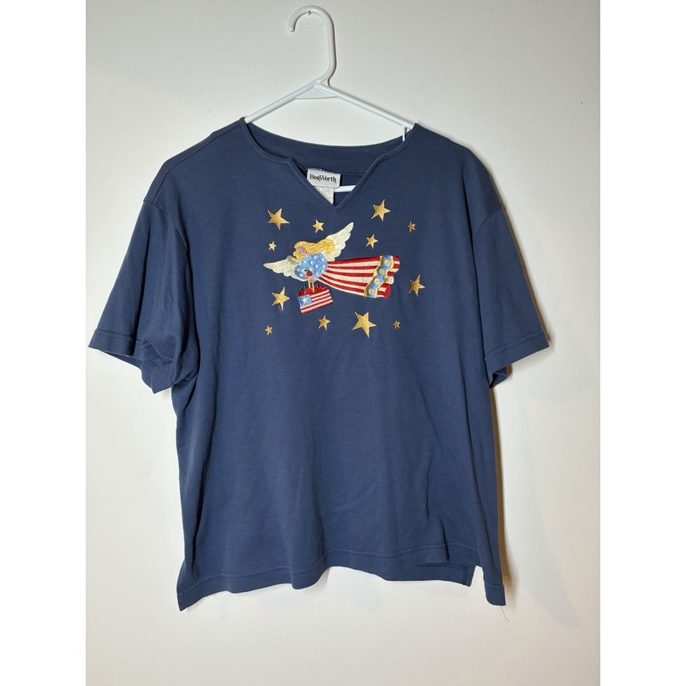 navy blue BonWorth shirt embroidered patriotic angel graphic with a flag Mp